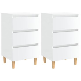 Mesita de noche patas madera 2 uds blanco brillo 40x35x69
