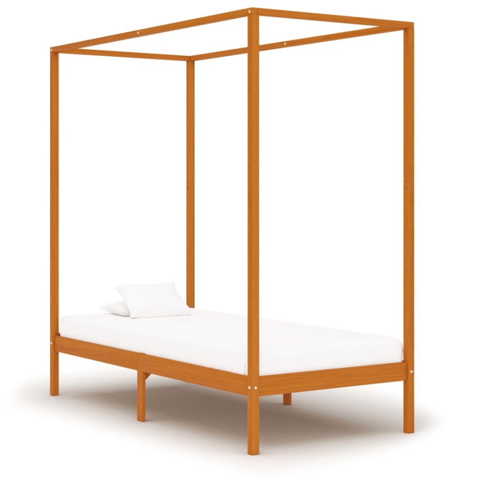 Cama con dosel de madera maciza de pino marrón miel 100x200
