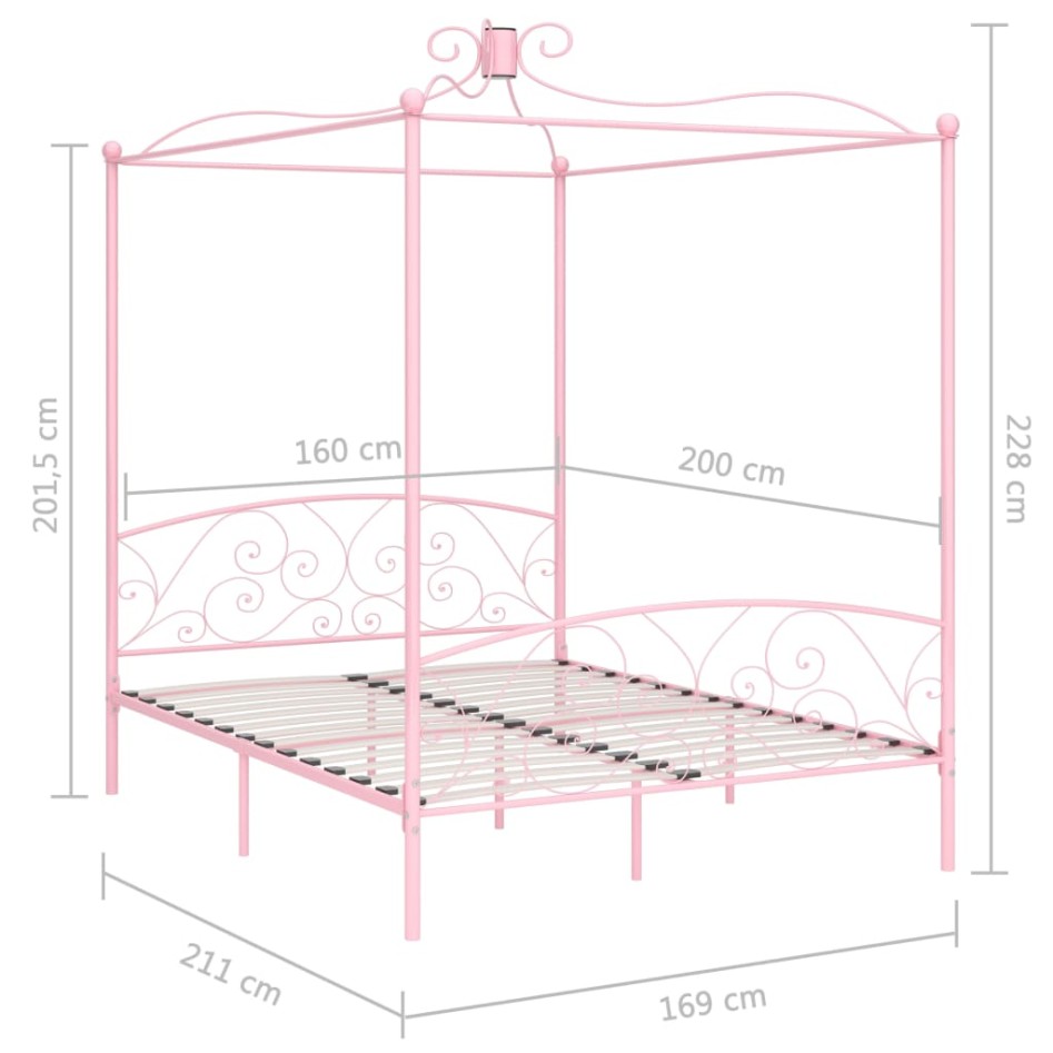 Estructura de cama con dosel metal rosa 160x200
