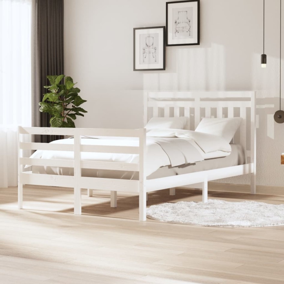 Estructura cama doble pequeña madera maciza blanco 120x190