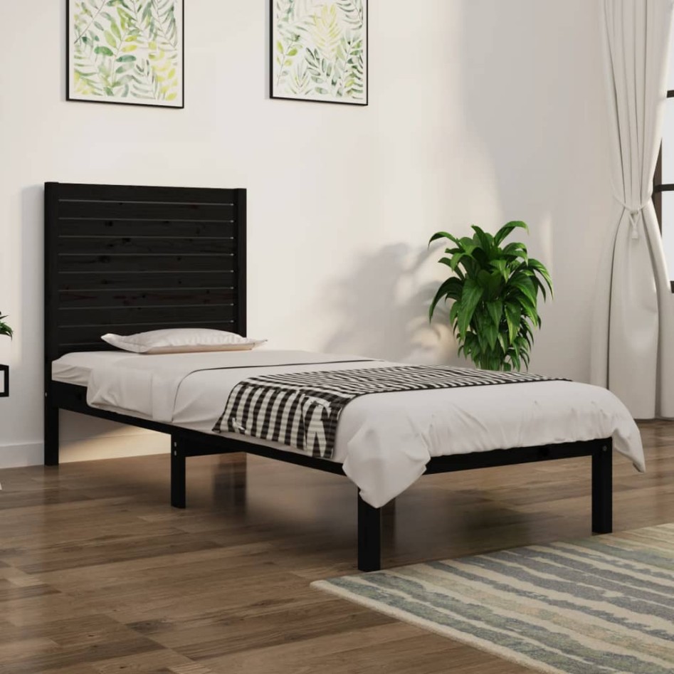 Estructura de cama madera maciza individual negra 75x190