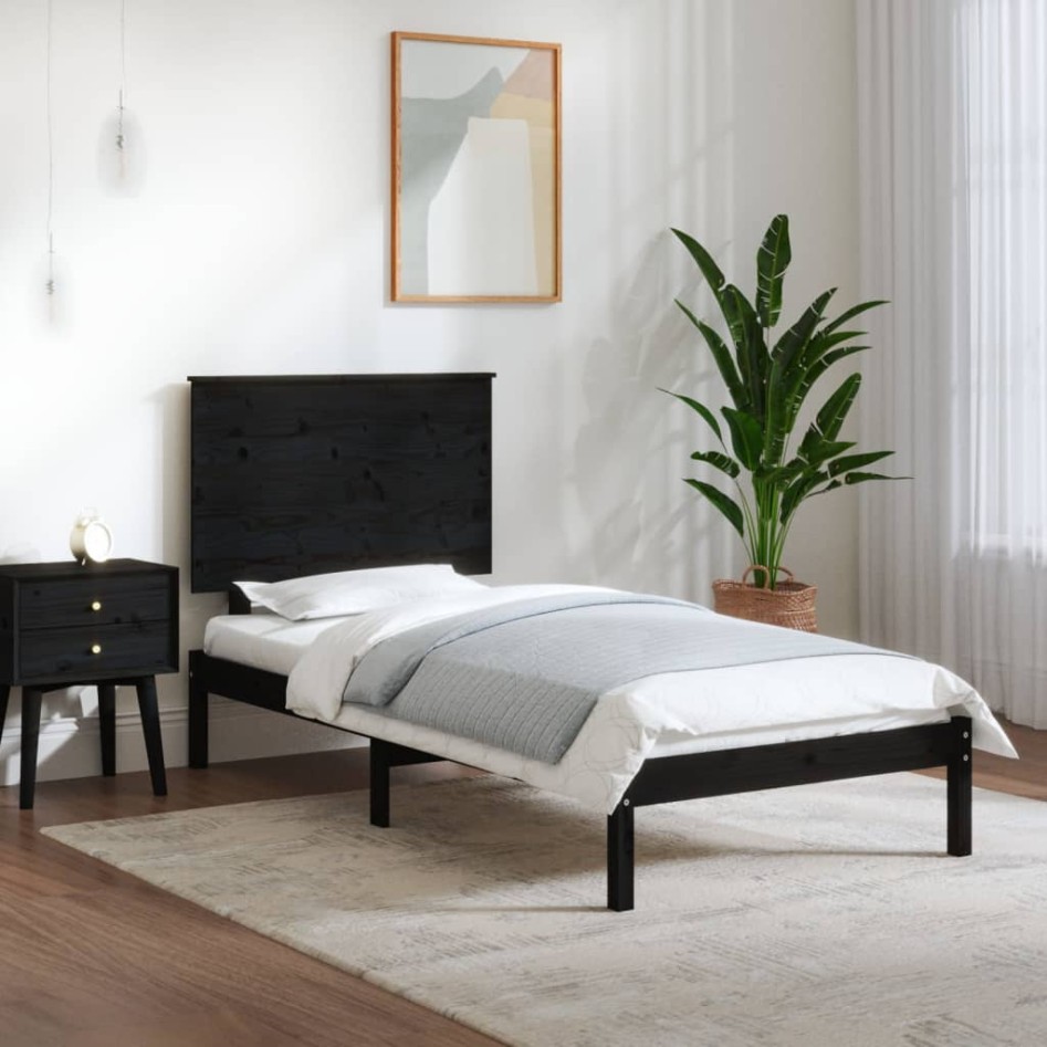 Estructura de cama madera maciza individual negra 75x190