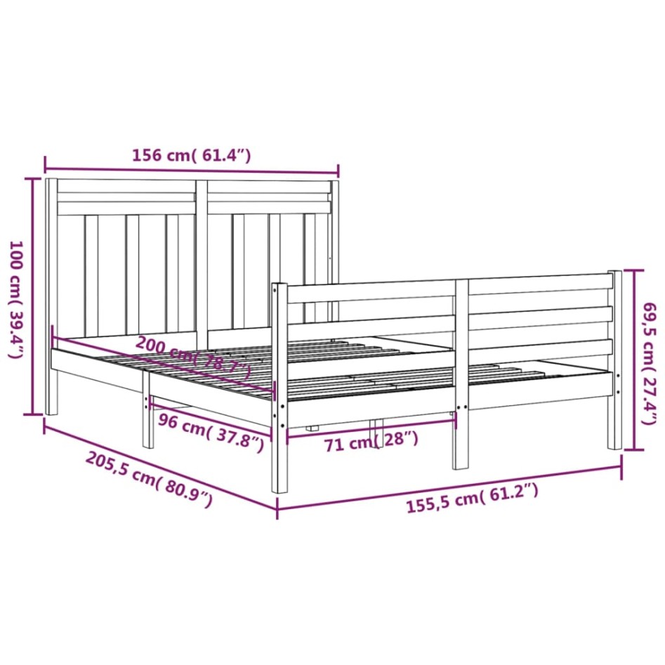Estructura de cama madera maciza blanca King Size 150x200