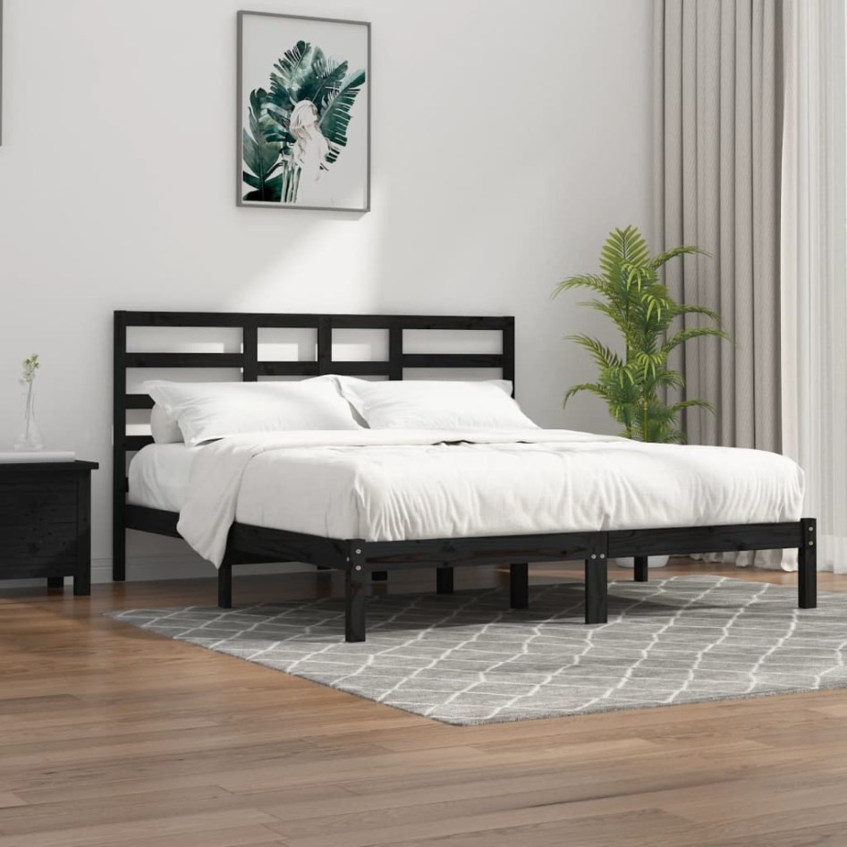 Estructura de cama de madera maciza de pino negra 200x200
