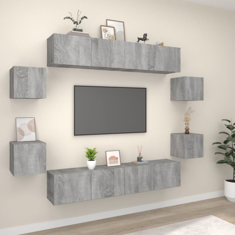 Set de muebles para TV 8 pzas madera contrachapada gris