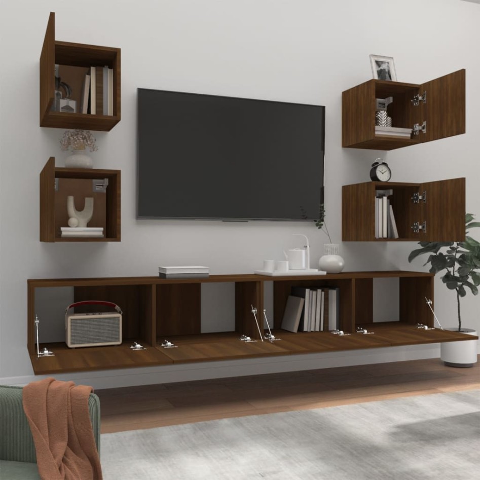 Set de muebles para TV 6 pzas madera contrachapada roble