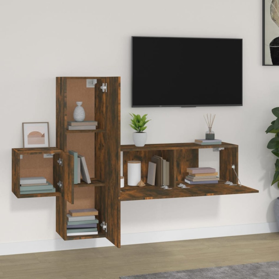 Set de muebles de TV 3 pzas madera contrachapada roble