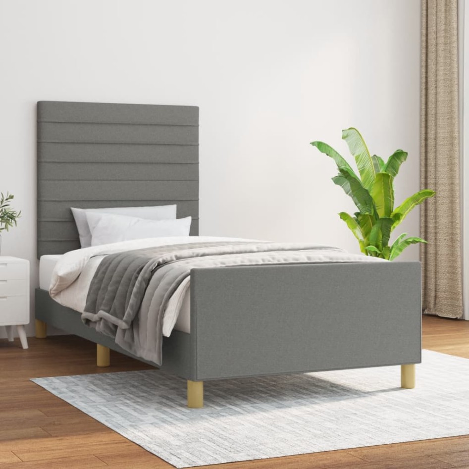 Estructura de cama con cabecero de tela gris oscuro 90x190