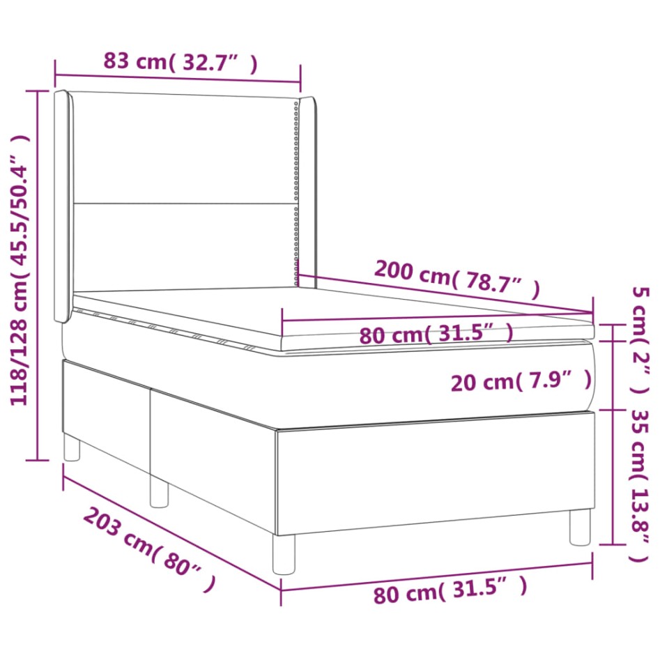 Cama box spring con colchón terciopelo gris claro 80x200