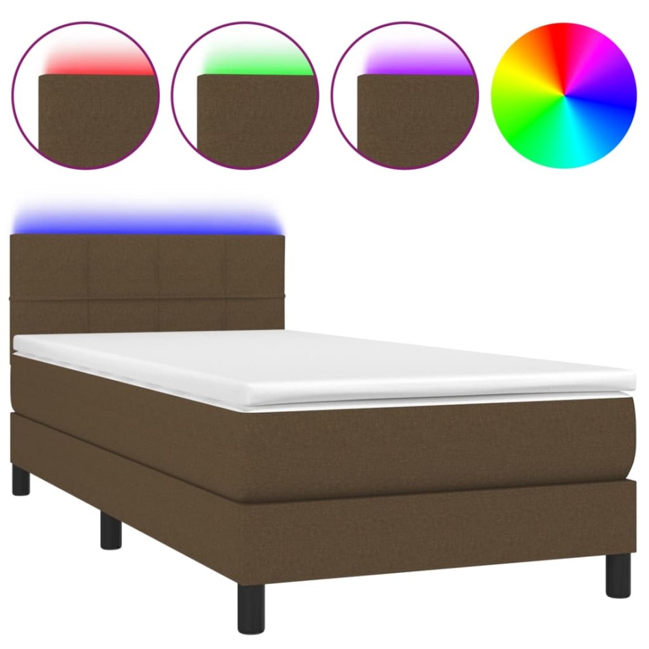 Cama box spring colchón luces LED tela marrón oscuro