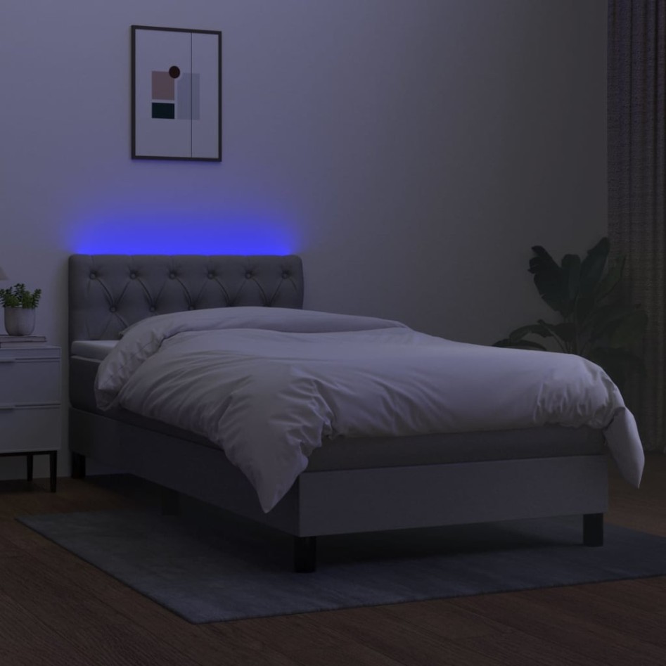 Cama box spring colchón y luces LED tela gris claro 80x200