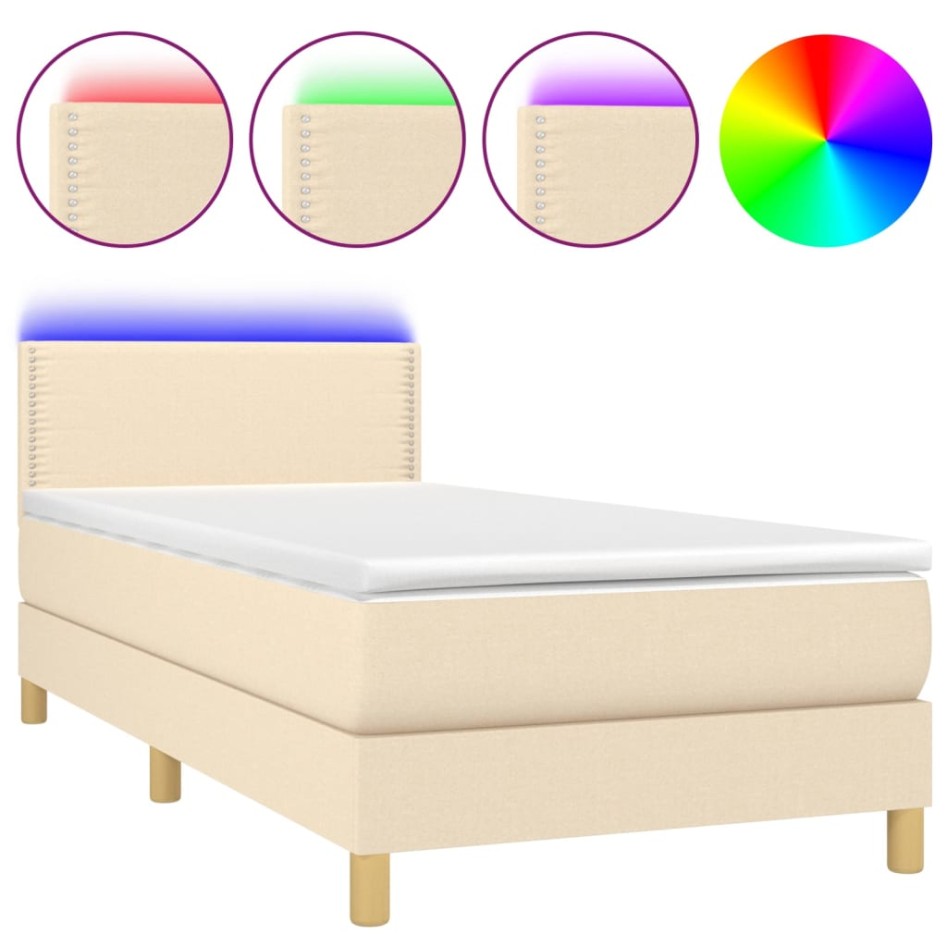 Cama box spring con colchón y LED tela crema 100x200