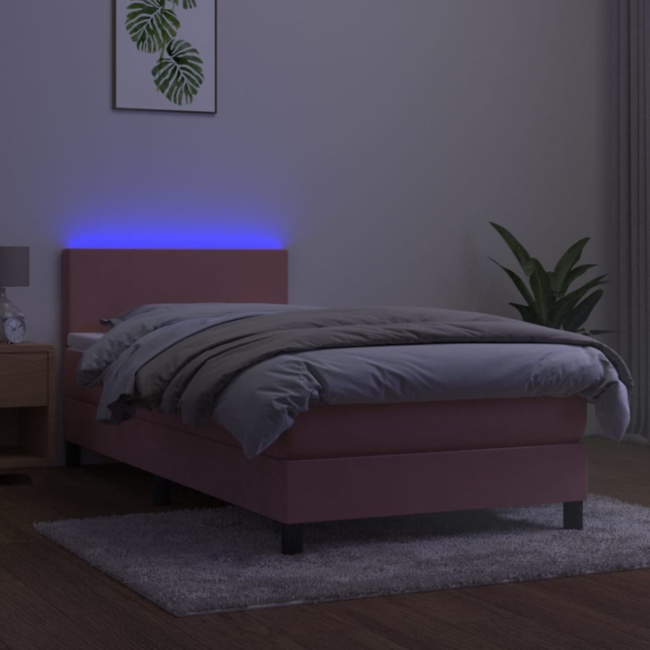 Cama box spring colchón y LED terciopelo rosa 90x190