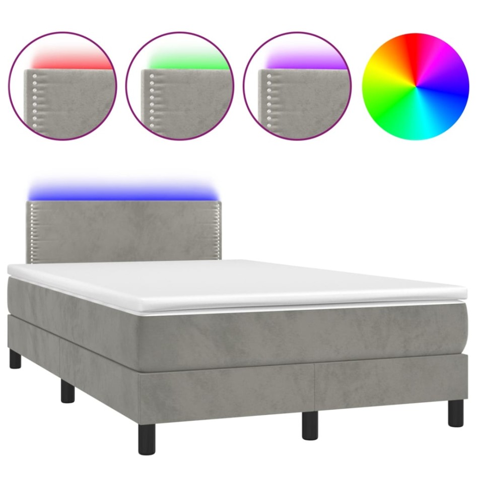 Cama box spring colchón y LED terciopelo gris claro 120x200