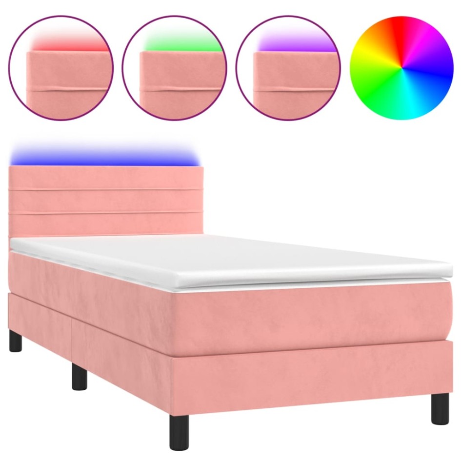 Cama box spring colchón y LED terciopelo rosa 90x190