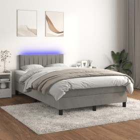 Cama box spring colchón y LED terciopelo gris claro 120x200