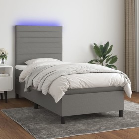 Cama box spring colchón y luces LED tela gris oscuro 90x190