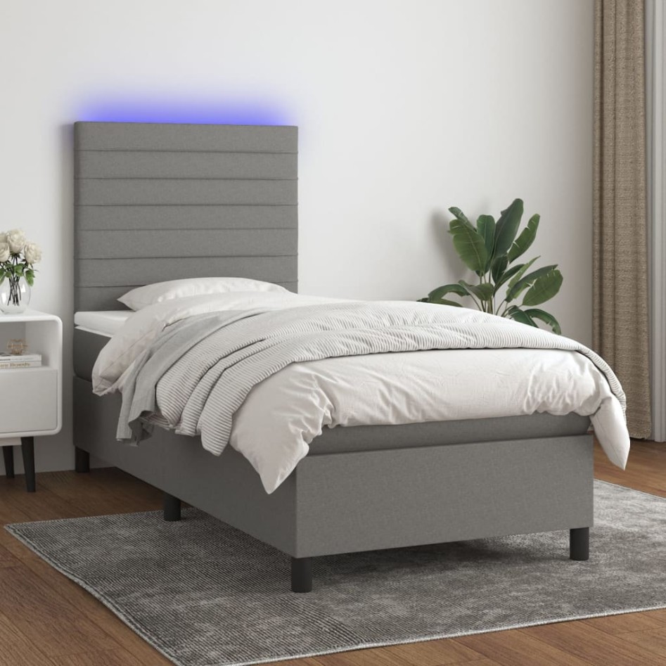 Cama box spring colchón y luces LED tela gris oscuro 90x190