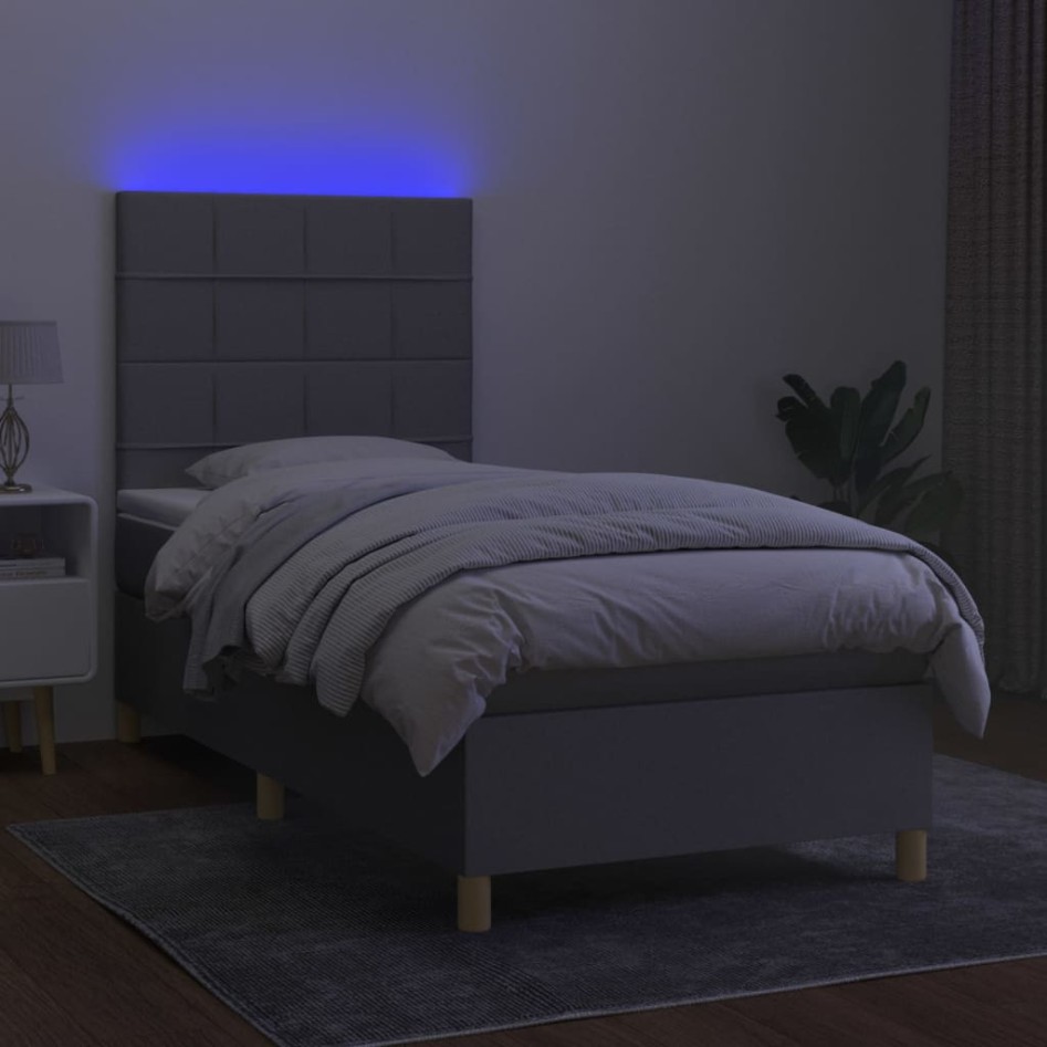 Cama box spring colchón y luces LED tela gris claro 80x200