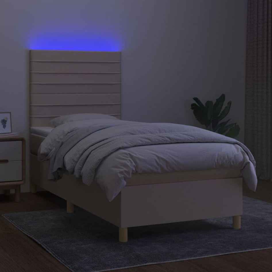 Cama box spring colchón y luces LED tela crema 90x200