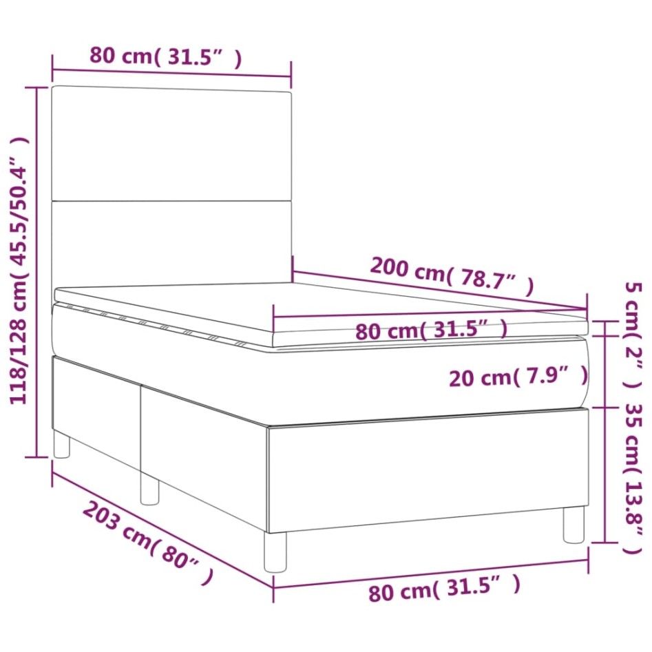 Cama box spring y colchón LED cuero sintético negro 80x200