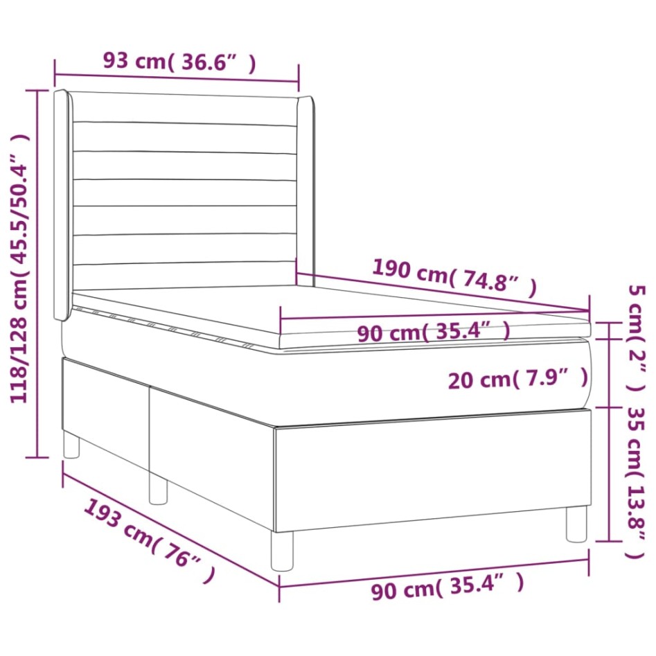 Cama box spring colchón y luces LED tela negro 90x190
