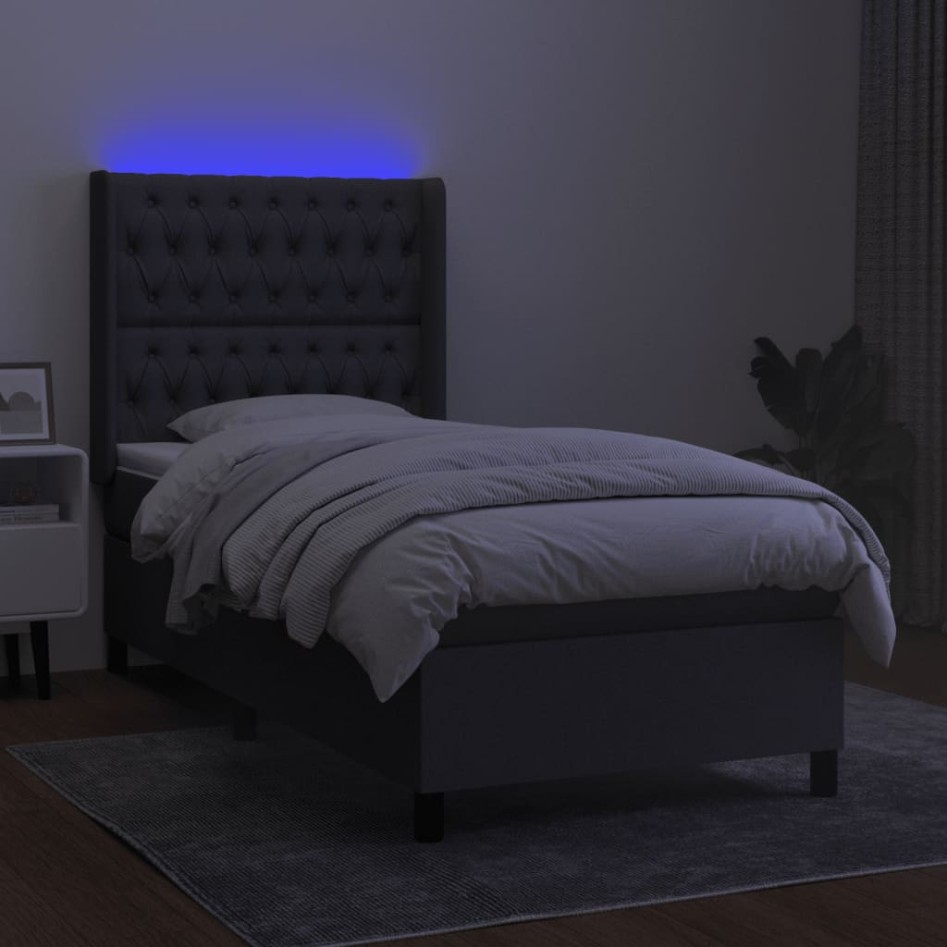 Cama box spring colchón y luces LED tela gris oscuro 90x200