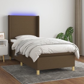 Cama box spring colchón y luces LED tela marrón oscuro