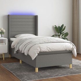 Cama box spring colchón y luces LED tela gris oscuro 90x200