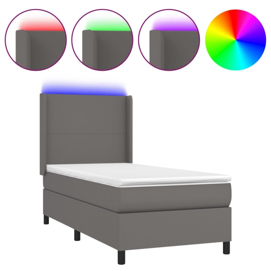 Cama box spring y colchón LED cuero sintético gris 90x200
