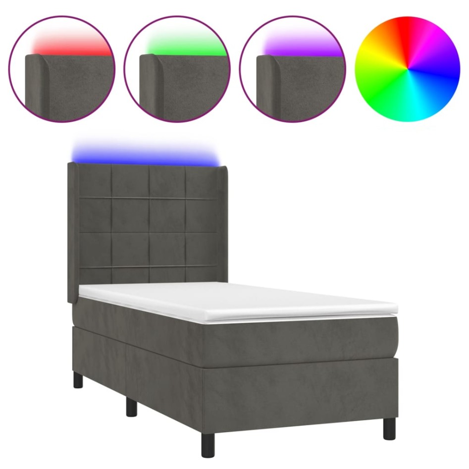 Cama box spring colchón y LED terciopelo gris oscuro 90x190