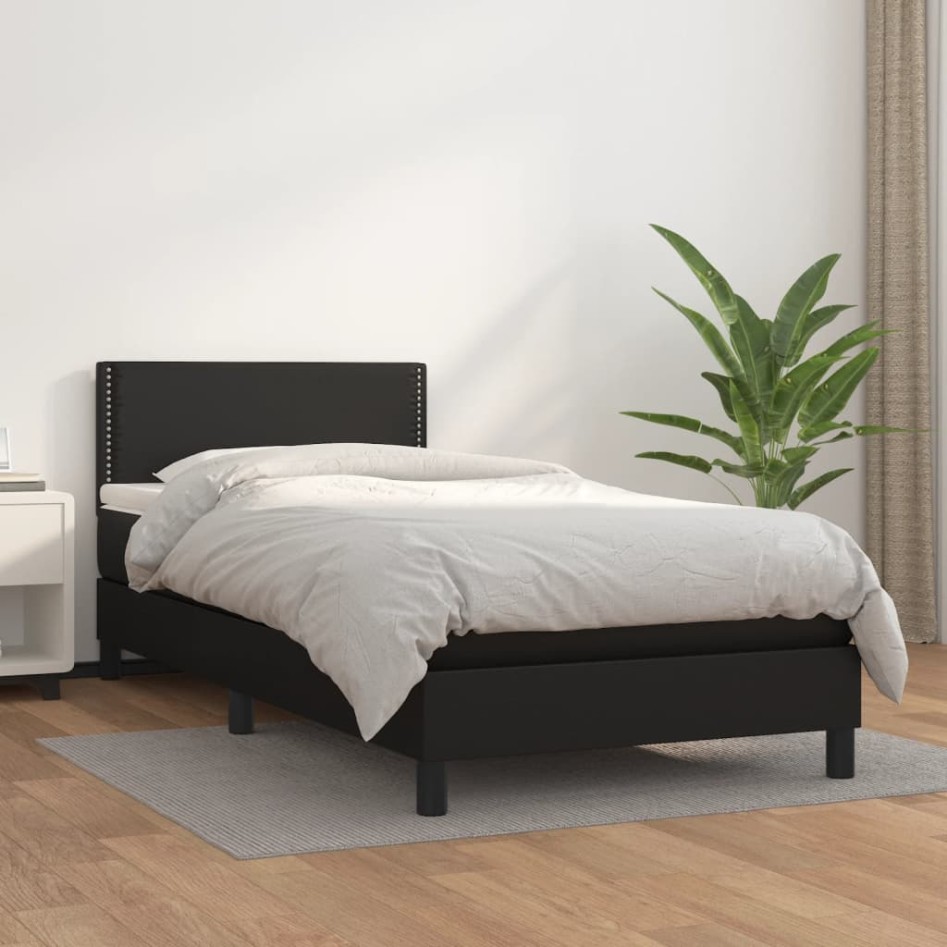 Cama box spring con colchón cuero sintético negro 90x190