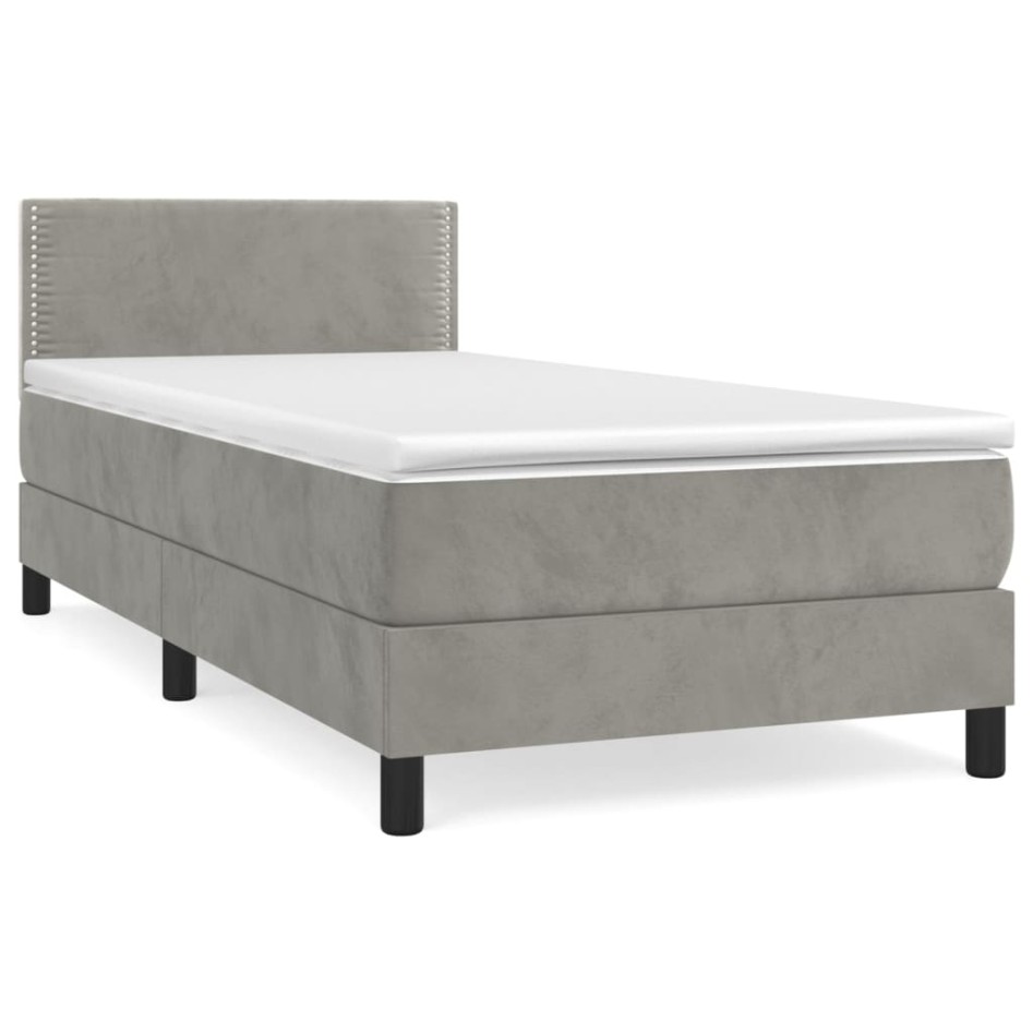 Cama box spring con colchón terciopelo gris claro 80x200