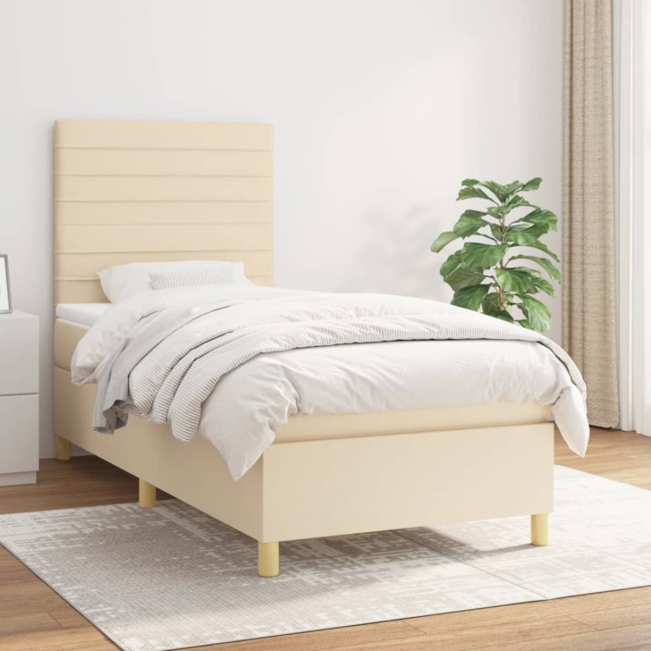 Cama box spring con colchón tela color crema 90x200