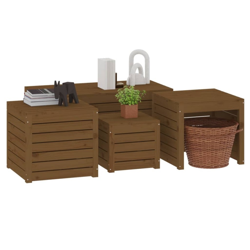 Juego cajas de jardín 4 pzs madera maciza pino gris marrón