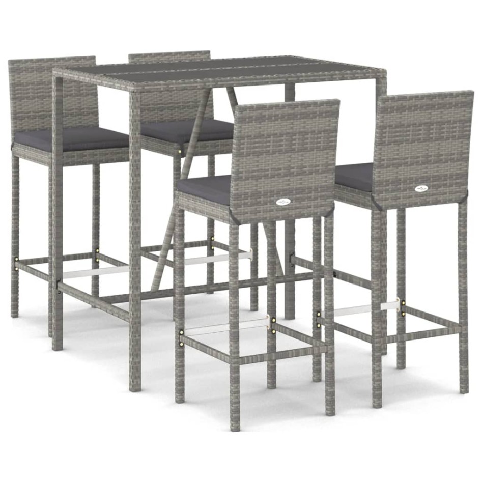 Mesa y taburetes altos jardín 5 piezas y cojines ratán PE