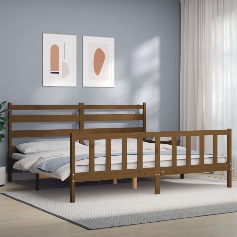 Estructura cama y cabecero madera maciza marrón miel 200x200