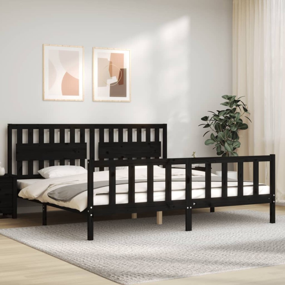 Estructura de cama con cabecero madera maciza negro 200x200