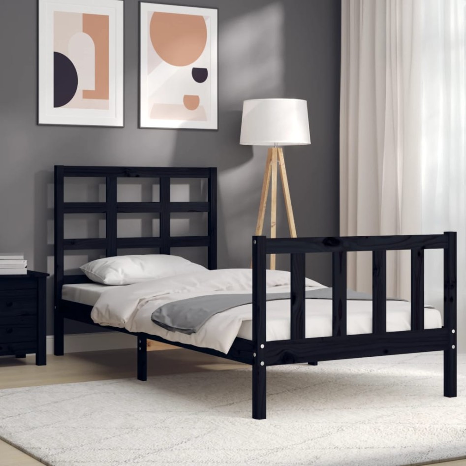 Estructura de cama con cabecero madera maciza negro 90x200