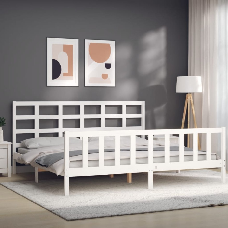 Estructura de cama con cabecero madera maciza blanco 180x200