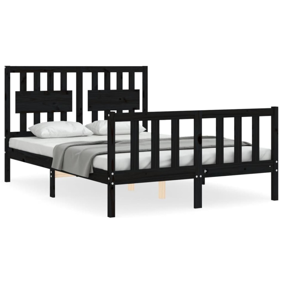 Estructura de cama con cabecero madera maciza negro 140x190