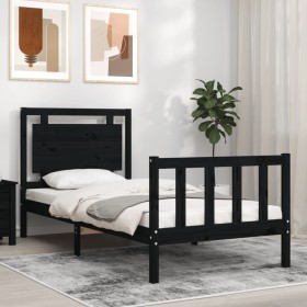Estructura de cama con cabecero madera maciza negro 90x200