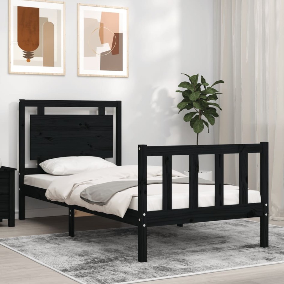 Estructura de cama con cabecero madera maciza negro 90x200