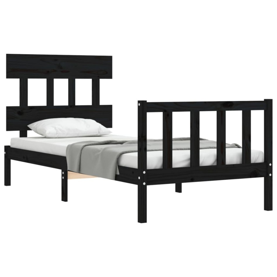 Estructura de cama con cabecero madera maciza negro 90x200