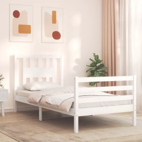 Estructura de cama con cabecero madera maciza blanco 90x200