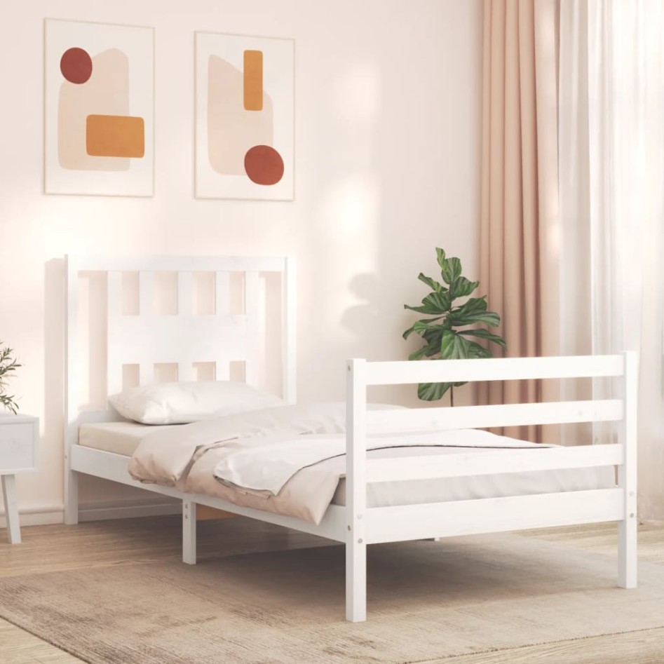 Estructura de cama con cabecero madera maciza blanco 90x200