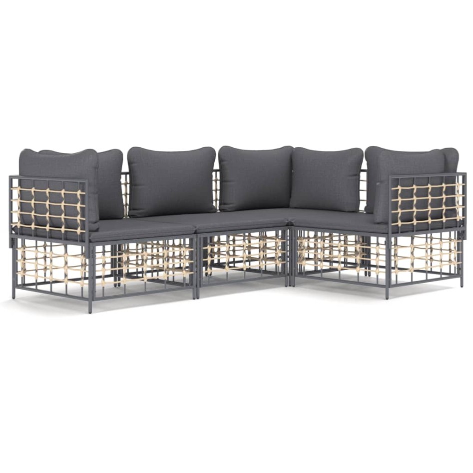 Set muebles de jardín 4 pzas y cojines ratán PE gris