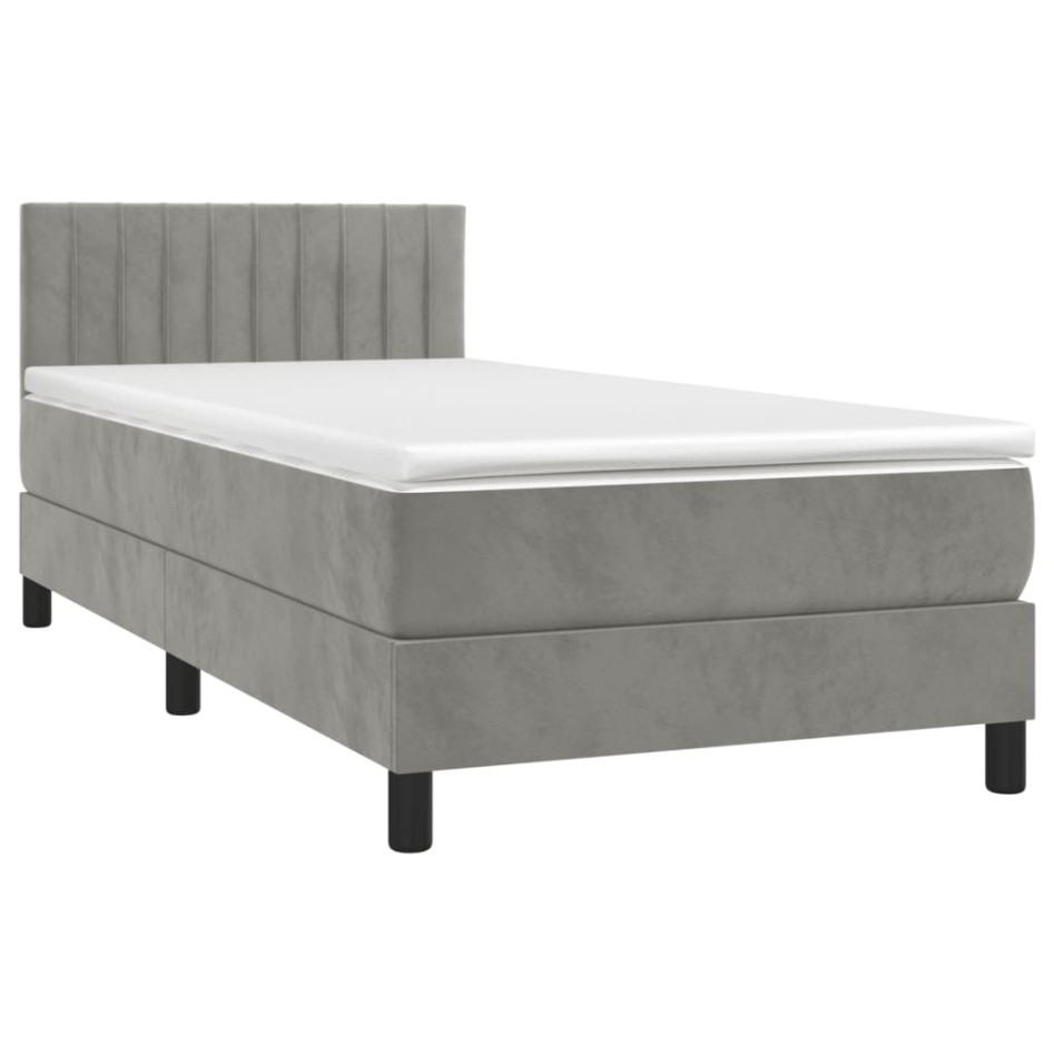 Cama box spring colchón y LED terciopelo gris claro 80x200