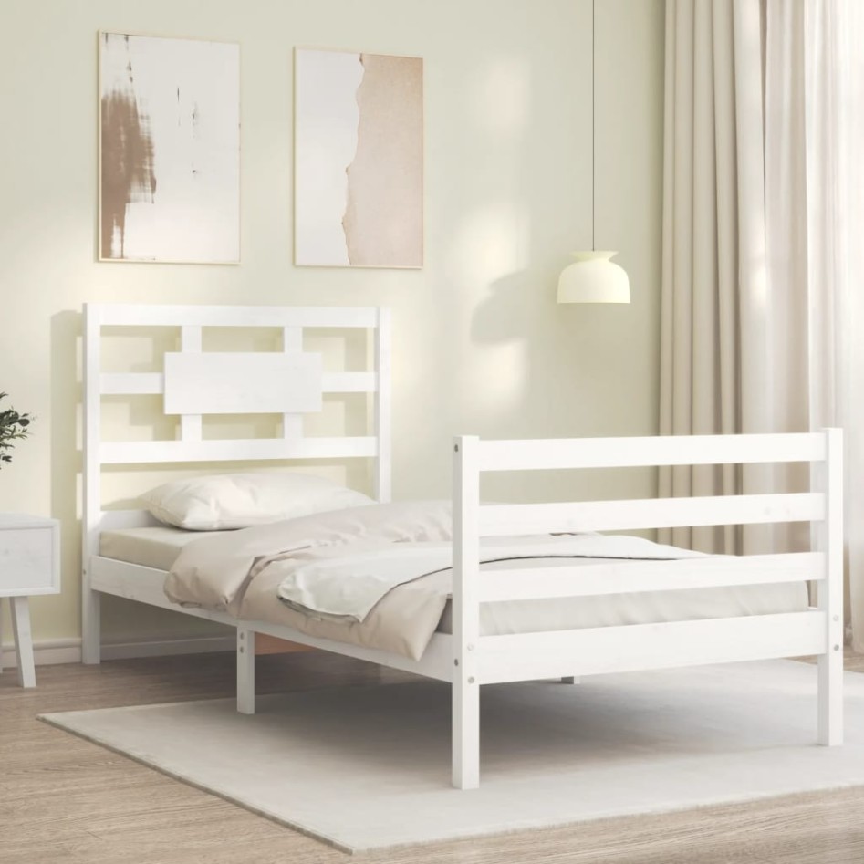 Estructura de cama con cabecero madera maciza blanco 90x200