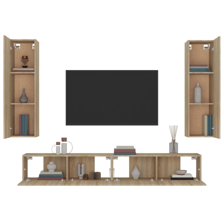 Set de muebles para TV 4 pzas madera contrachapada roble